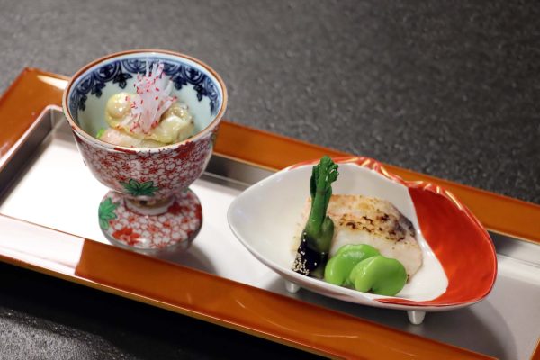 春の彩り会席　焼物（甘鯛若狭焼 地蛤黄味酢掛け）