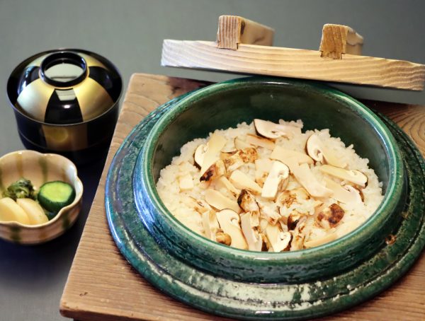 Matsutake Mushroom Rice Cooked in a Traditional Japanese Pot